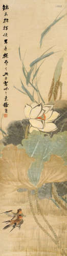 张熊（1803～1886） 荷花小鸟 屏轴 设色纸本