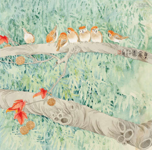 张继馨（b.1926） 壬申（1992）年作 集禽图 镜片 设色纸本
