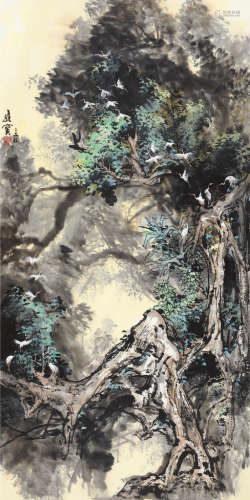 王维宝（b.1942） 乙丑（1985）年作 群鹤图 镜框 设色纸本