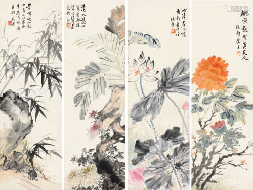 符铁年（1886～1947） 四季花开 （四件） 镜片 设色纸本