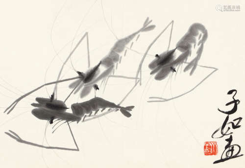 齐子如（1902～1955） 三虾图 镜片 水墨纸本