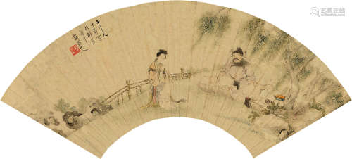 华嵒（1682～1756） 壬申（1752）年作 听箫图 扇片 设色纸本