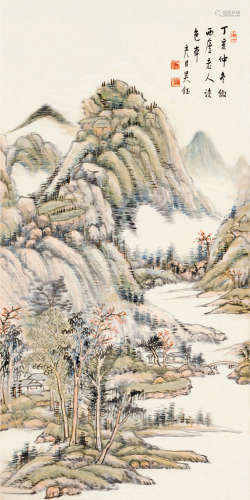 吴钰（近代） 丁亥（1947）年作 山居图 屏轴 设色纸本
