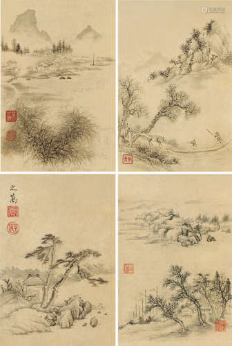 张之万（1811～1897） 溪山揽胜 （四开） 册页 水墨纸本