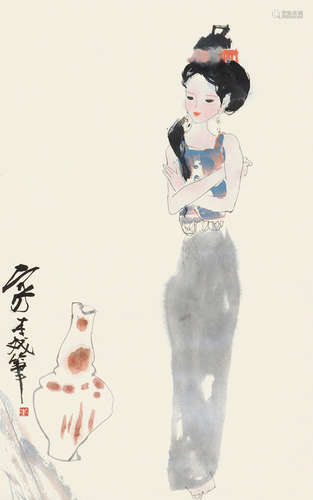 楼家本（b.1941） 夏日少女 立轴 设色纸本