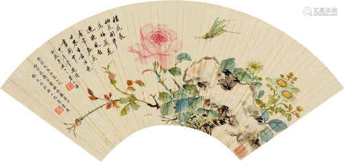 张光（1878～1970） 丙子（1936）年作 月季图 扇片 设色纸本