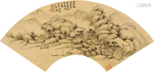 顾彦平（1891～？） 庚辰（1940）年作 孤舟晚泊 扇片 水墨纸本