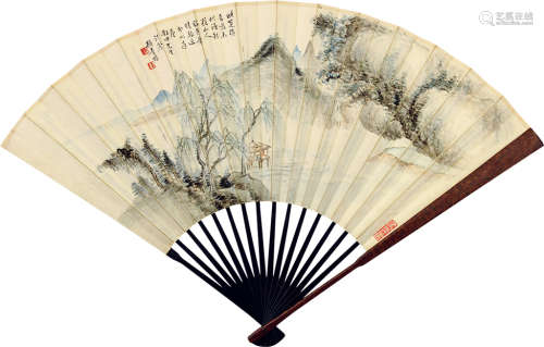 顾青瑶（1896～1978）  祝静远（近代） 柳岸水阁 行书 成扇 设色纸本