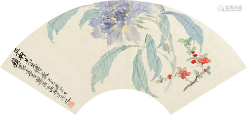 赵浩（1881～1949）等 己巳（1929）年作 芍药海棠 扇片 设色纸本