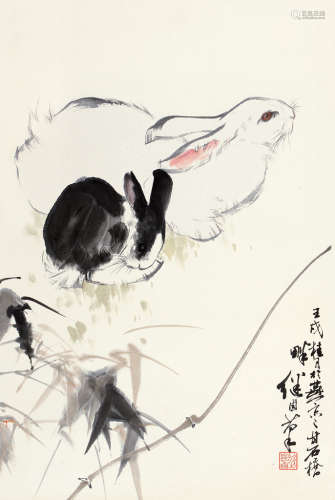 刘继卣（1918～1983） 壬戌（1982）年作 双兔 镜片 设色纸本