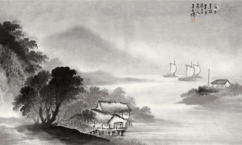 吴石僊（1845～1916） 江南烟雨 镜片 水墨纸本
