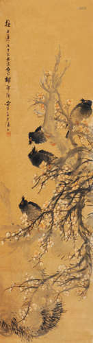胡郯卿（1865～?） 梅影八哥 屏轴 设色纸本
