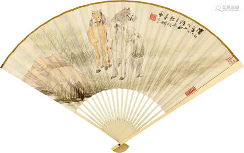 倪田（1855～1919）  何昌巽（近代） 辛丑（1901）年作 双马图 楷书 成扇 设色纸本