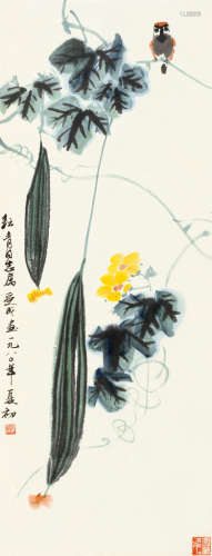 邱受成（1929～2002） 1980年作 丝瓜小鸟 立轴 设色纸本