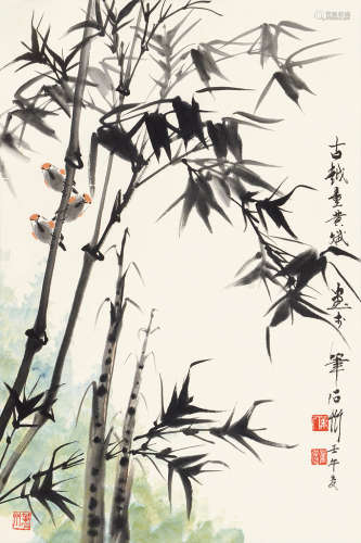 董黄斌（b.1937） 壬午（2002）年作 竹雀图 镜片 设色纸本