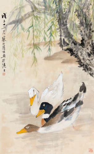 江寒汀（1903～1963） 戊子（1948）年作 柳塘鸭戏 立轴 设色纸本