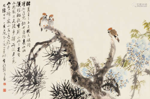 倪田（1855～1919） 戊申（1908）年作 松枝栖雀 镜片 设色纸本