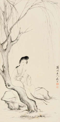 许昭（1881～？） 柳荫仕女 立轴 设色纸本