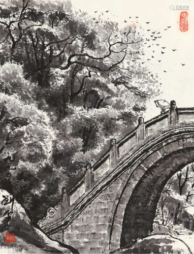 刘千（b.1932） 风景写生 镜片 水墨纸本