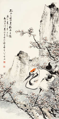 吴野洲（1904～1997） 庚午（1990）年作 梅妻鹤子 立轴 设色纸本