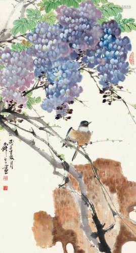陈舜今（b.1941） 丙子（1996）年作 紫藤小鸟 镜片 设色纸本