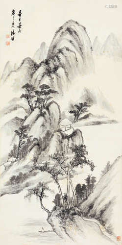 汤涤（1878～1948） 辛巳（1941）年作 山峦渔隐 立轴 水墨纸本