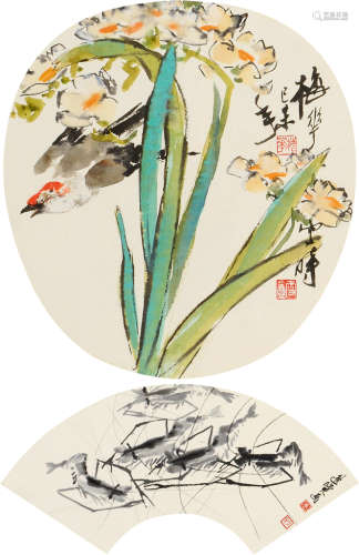 颜梅华（b.1927）  唐逸览（b.1942） 己未（1979）年作 岁寒图 墨虾图 扇轴双挖 设色纸本