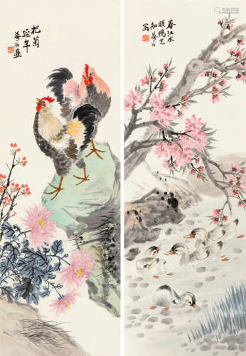 金梦石（1869～1947） 杞菊延年 （二幅） 镜片 设色纸本