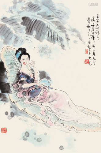 顾炳鑫（1923～2001） 庚午（1990）年作 持扇仕女 立轴 设色纸本