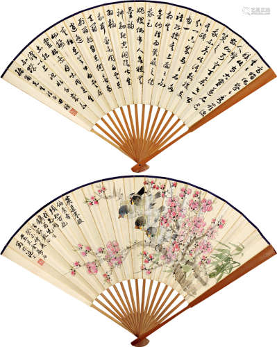 金梦石（1869～1952）  田桓（1893～1982） 癸未（1943）年作 梅雀图 行书 成扇 设色纸本