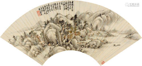刘照（？～1853）等 庚午（1810）年作 秋山晚晴 （二幅选一） 扇片 设色纸本