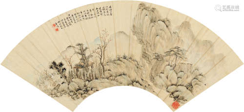 袁缶鸣（近代） 甲戌（1934）年作 山林幽涧 扇片 设色纸本