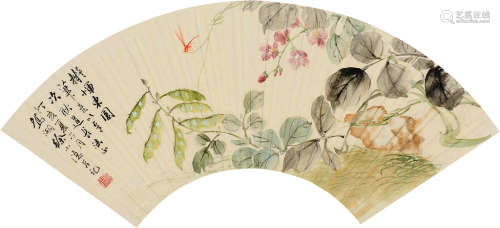 徐小隐（1905～1949） 丁亥（1947）年作 小园一角 扇片 设色纸本