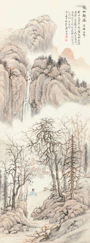 吴琴木（1894～1953） 戊子（1948）年作 秋林观瀑 立轴 设色纸本