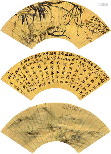 胡铁梅（1848～1899）  杨伯润（1837～1911）等 癸酉（1873）年作 双清 一曲青溪 扇轴三挖 水墨金笺