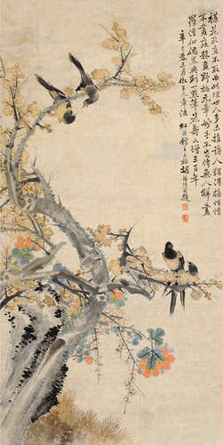 胡锡珪（1839～1883） 辛巳（1881）年作 寒梅集鹊 立轴 设色纸本