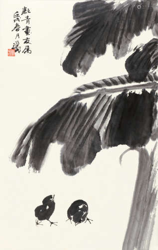 邱受成（1929～2002） 壬戌（1982）年作 雏鸡 镜片 水墨纸本