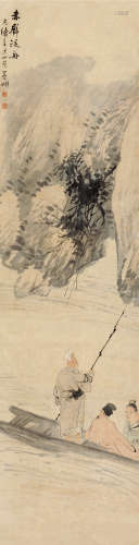 倪田（1855～1919） 辛丑（1901）年作 赤壁泛舟 立轴 设色纸本