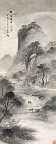吴石僊（1845～1916） 乙巳（1905）年作 烟雨归村 立轴 设色纸本