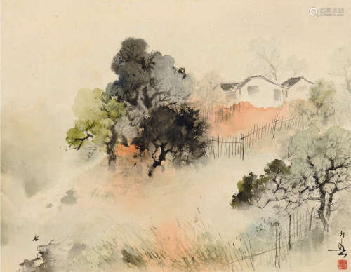 黄幻吾（1906～1985） 农家小景 镜片 设色纸本