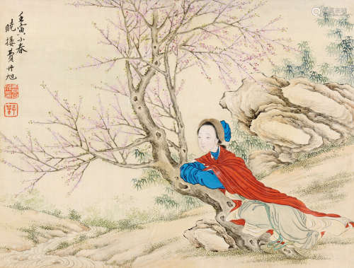费丹旭（1802～1850） 壬寅（1842）年作 梅竹仕女 镜框 设色绢本