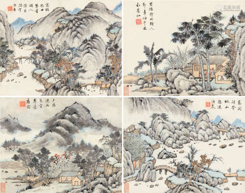 沈荣（1794～1856） 山水小景 （八幅选四） 册页片 设色纸本