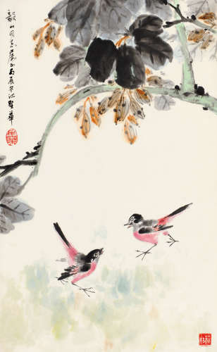 江圣华（1920～1987） 丙辰（1976）年作 桐阴双禽 镜片 设色纸本