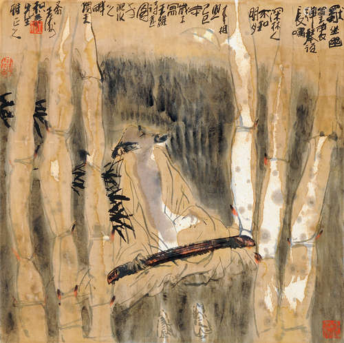 王涛（b.1943） 己巳（1989）年作 抚琴图 镜片 设色纸本