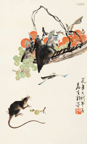 黄磊生（b.1928） 甲子（1984）年作 鼠年大利 镜片 设色纸本