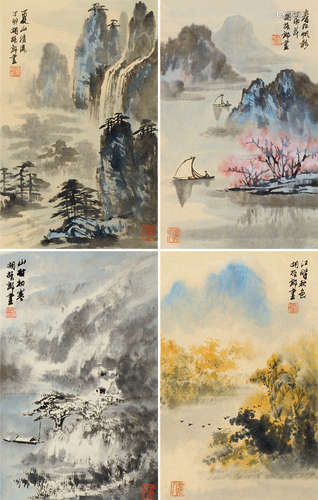 胡振郎（b.1938） 丁卯（1987）年作 四季江山 （四幅） 立轴 设色纸本