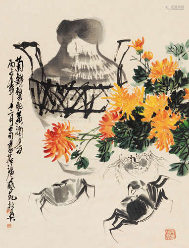 杭英（b.1940） 丁卯（1996）年作 菊鲜蟹肥 立轴 设色纸本