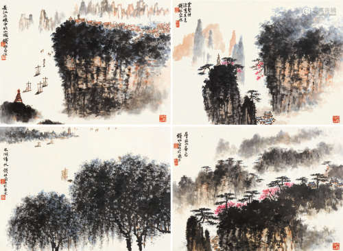 钱松嵒（1899～1985） 层峦山色 （八幅选四） 镜片 设色纸本