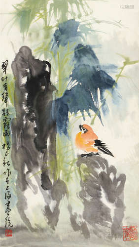 杨正新（b.1942） 翠叶小鸟 立轴 设色纸本