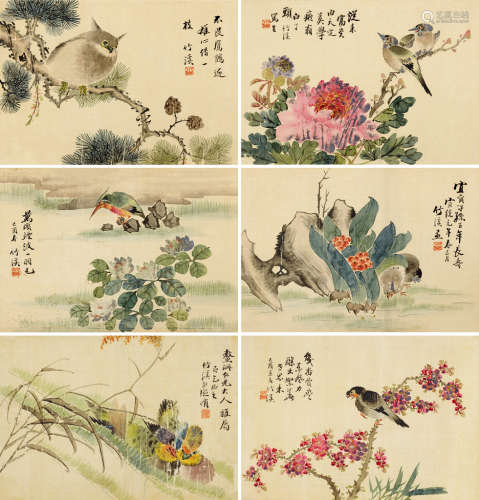 阮竹溪（清） 己酉（1909）年作 花鸟册 册页 （八开选六） 设色绢本